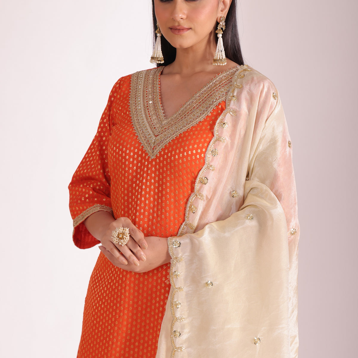 Women Pure Cotton Printed Orange Kurta With Pant And Dupatta main image 1