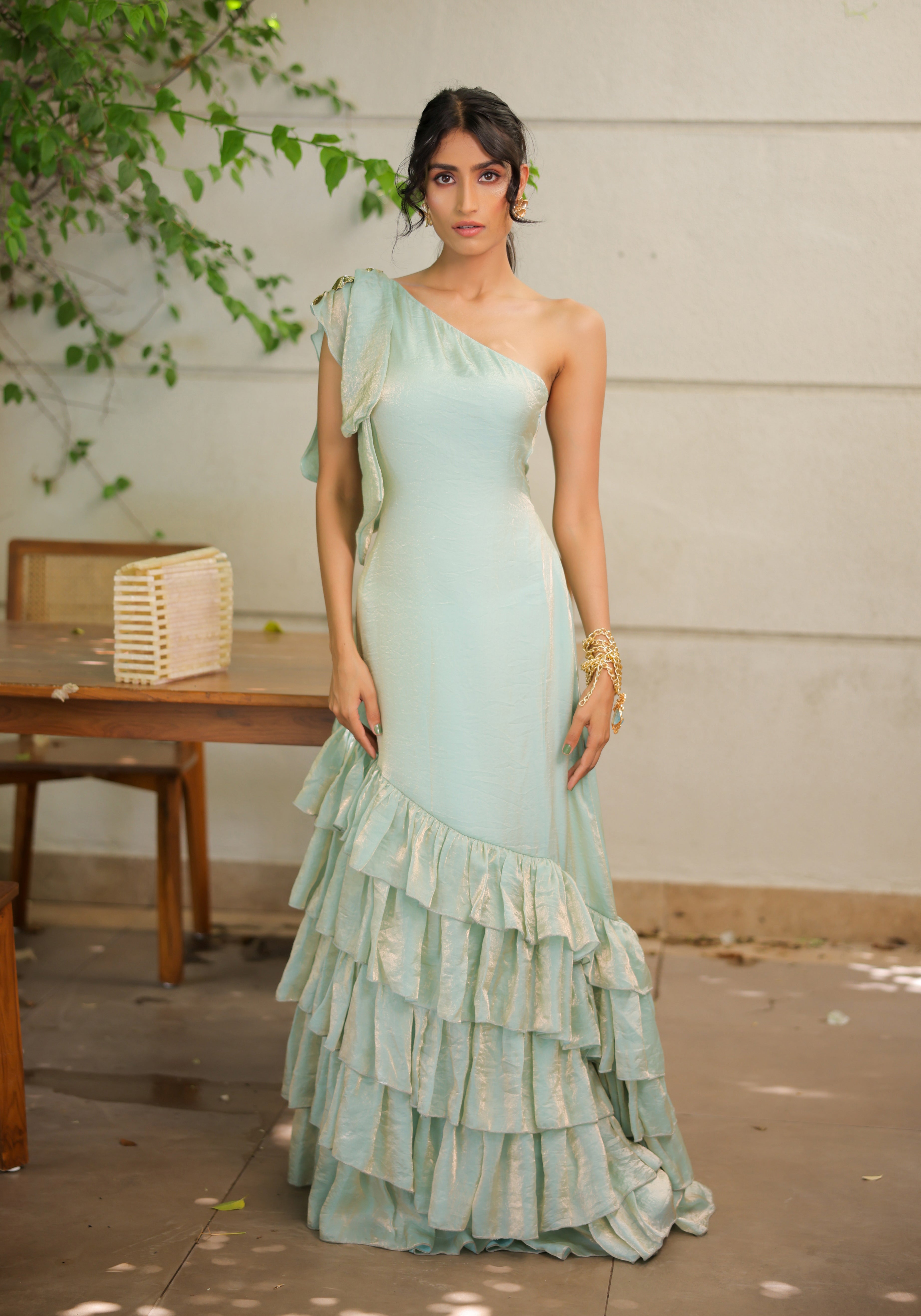 Sky Blue Ruffle One Shoulder Maxi Dress